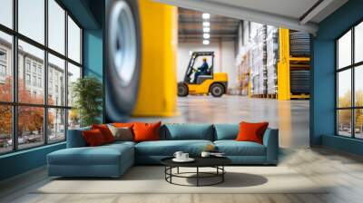 Modern tire warehouse with orange racks and forklift operator working with seasonal wheel storage system for automotive service Wall mural