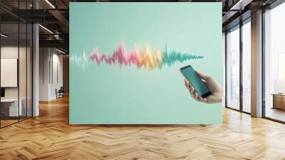 person using voice command on a smartphone for banking, sound waves visualized, send audio message, share voicemail to client using modern application, search information on internet by voice command. Wall mural