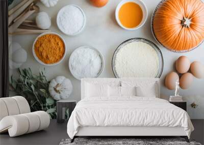 Top view of a layout of ingredients for making pumpkin pie spread on a white table.  A recipe for making pumpkin pie in autumn. Wall mural