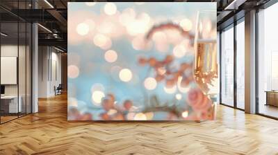 Two glasses of champagne against the backdrop of a garlanded city. Concept of anniversary, Christmas, new year celebration .Banner, poster, space for text. Wall mural