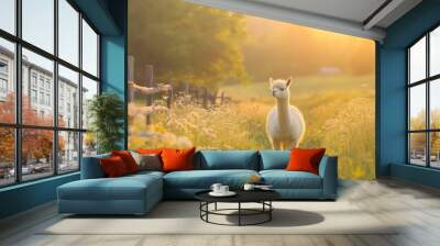 White alpaca standing in golden meadow at sunset with wooden fence, farm animal portrait for nature and agriculture concept Wall mural