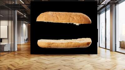 halved baked ciabatta loaf isolated on black background, sandwich blank Wall mural