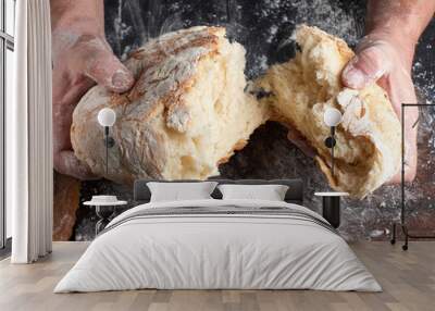 male hands breaking open baked bread in half Wall mural