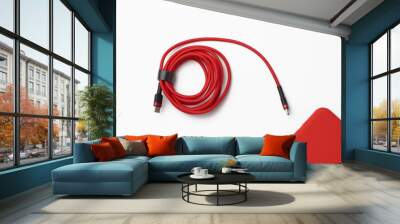 red smartphone and cable in textile braid on a white background Wall mural