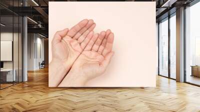 two female hands folded palm to palm on a beige background Wall mural