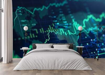 A close-up of a digital stock market chart with rising green lines, bar graphs, and stock symbols on a dark blue background Wall mural