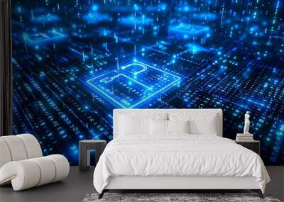 A futuristic digital lock icon glowing in blue, surrounded by a matrix of binary code, symbolizing cybersecurity Wall mural