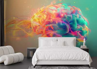 A vibrant and colorful illustration of a human brain with an explosion of bright, swirling patterns and abstract shapes, representing bursts of creativity and knowledge, all set against a soft Wall mural