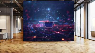 Abstract digital art of an open graduation cap formed by glowing lines and dots, suspended above a futuristic network grid on a dark blue background, symbolizing the empowerment of education Wall mural