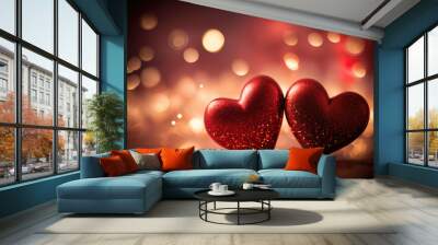 Valentine day greeting card with two red hearts bokeh background Wall mural