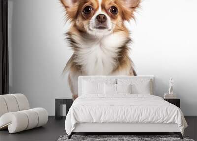 In this photo, a Chihuahua is standing in front of a white background, with a curious expression on its face. This breed is known for being the smallest dog in the world, with a distinctive apple-shap Wall mural