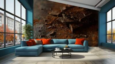 
Chocolate bar broken into pieces with cocoa powder dusting, displayed on a dark wooden surface with dramatic lighting, cinematic style, Compositing Core, 8k, detailed, Wall mural