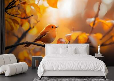 Orange Bird on Branch with Autumn Leaves Wall mural