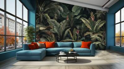 Wallpaper with tropical tree design, dark background, featuring banana trees & foliage in a botanical pattern mural. Generative AI Wall mural