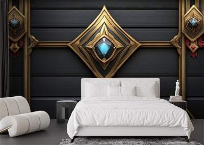 A Decorative, Ornate, Gold and Diamond Crest on a Black Wood Panel Wall mural