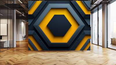 Black background with yellow hexagons elements with empty space in the middle Wall mural