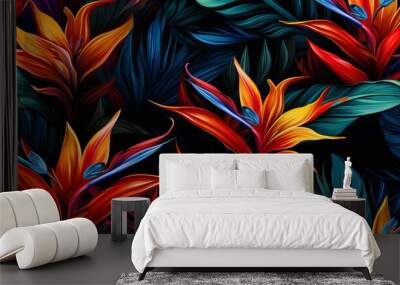 Exotic tropical flowers bird of paradise (strelitzia) red color blue palm leaves dark night jungle background Wall mural