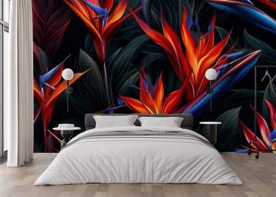 Exotic tropical flowers bird of paradise (strelitzia) red color blue palm leaves dark night jungle background Wall mural