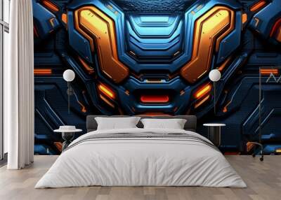 Futuristic metallic panel with glowing orange and red lights Wall mural