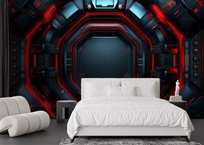 Futuristic Red-Lit Metallic Panel with Octagonal Opening Wall mural