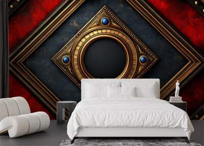 Ornate Gold Frame with Blue Gems on Red and Black Background Wall mural