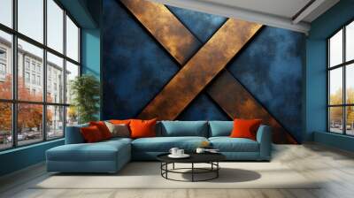 Two Intersecting Bronze Strips on Blue Textured Background Wall mural