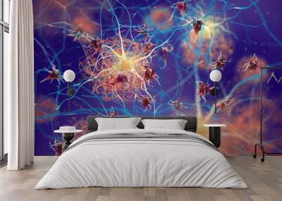 Amyloid plaques forming between neurons. Beta-amyloid protein disrupting nerve cells function in a brain with Alzheimer's disease Wall mural