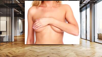 Female controlling breast for cancer, isolated on white Wall mural