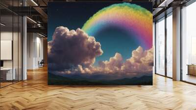 A vibrant rainbow arches through a fluffy cloud in a breathtaking display of color Wall mural