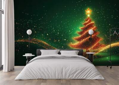 A Christmas tree with a star on top is surrounded by a green background Wall mural