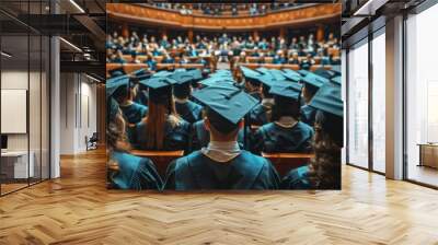 A large group of people wearing graduation caps sit in a room Wall mural