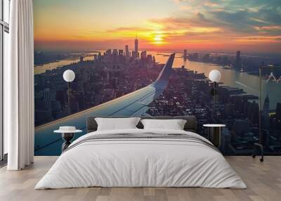 A plane is flying over a city at sunset Wall mural