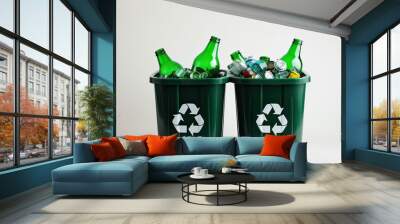 two recycling bins full of empty glass bottles on a white background Wall mural