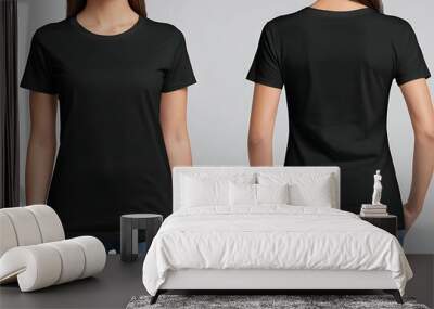 Woman in black t-shirt, plain blank tshirt mockup, black tee, front and back view Wall mural