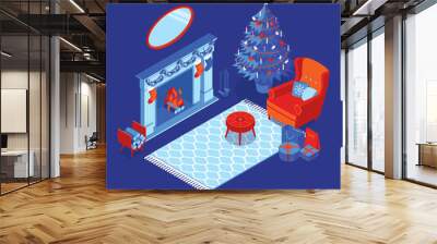 colorful isometric christmas illustration showing an interior with furniture, fireplace and christma Wall mural