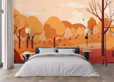 Autumn background illustration of city park scenery with fall leaves in flat vector style Wall mural