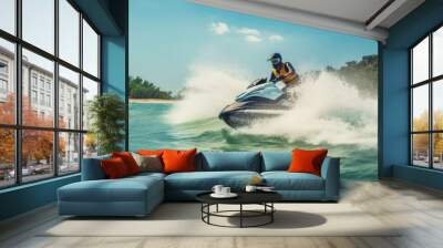 Man on water scooter, water sports, vacation, summer and leisure, one the sea, blue water, generated ai Wall mural