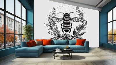 black and white intricate and ornate bee logo emblem - Generative AI Wall mural