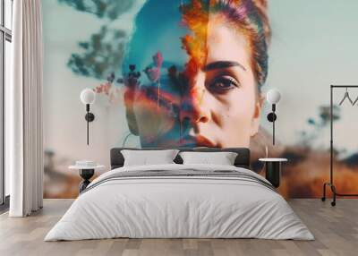 double exposure portrait of a young spanish woman and extraordinary vibrant nature - Generative AI Wall mural