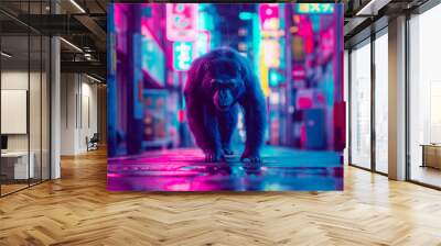 monkey walking through Tokyo among neon lights Wall mural