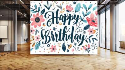 Birthday greeting vector background design. Happy birthday text with rose gold balloons, confetti and bokeh lights in pink background for elegant birth day celebration. Vector illustration. Wall mural