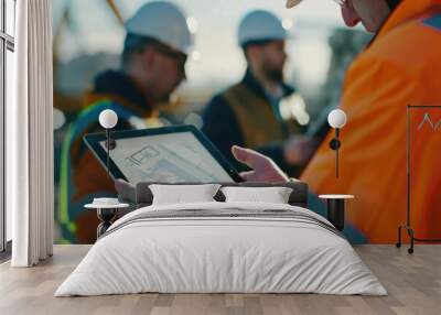 Everyone needs to be on the same page. Shot of a group of architects using a digital tablet at a building site. Wall mural