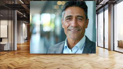 Headshot close up portrait of indian or latin confident mature good looking middle age leader, ceo male businessman on blur office background. Handsome hispanic senior business man smiling at camera. Wall mural