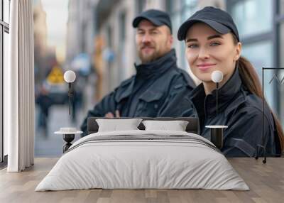 Team, security guard or safety officer portrait on the street for protection, patrol or watch. Law enforcement, smile and duty with a crime prevention unit man and woman in uniform in the city Wall mural