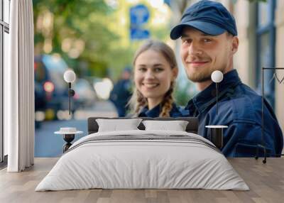 Team, security guard or safety officer portrait on the street for protection, patrol or watch. Law enforcement, smile and duty with a crime prevention unit man and woman in uniform in the city Wall mural