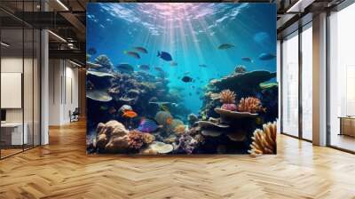 Tropical sea underwater fishes on coral reef. Aquarium oceanarium wildlife colorful marine panorama landscape nature snorkel diving, coral reef and fishes Wall mural