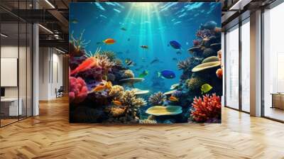 Tropical sea underwater fishes on coral reef. Aquarium oceanarium wildlife colorful marine panorama landscape nature snorkel diving ,coral reef and fishes Wall mural