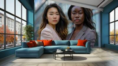 Two interracial (african and asian) business women team at office building Wall mural