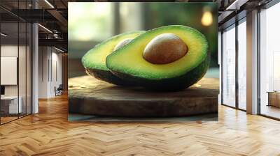 32 Organic avocado, halved with pit, on wooden board, 3D illustration Wall mural