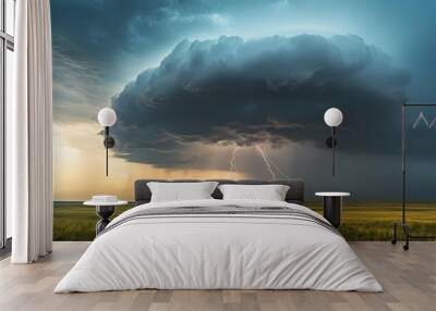 A severe thunderstorm with hail and lightning over a prairie, with dark clouds and heavy rain creating a dramatic scene, high contrast, dynamic shot, intense weather Wall mural